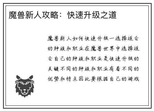 魔兽新人攻略：快速升级之道