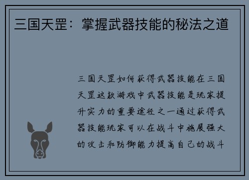 三国天罡：掌握武器技能的秘法之道