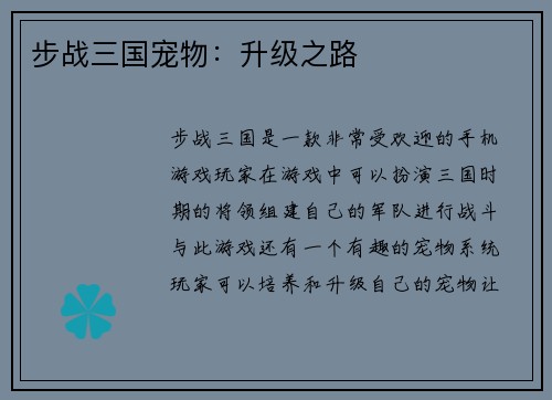 步战三国宠物：升级之路